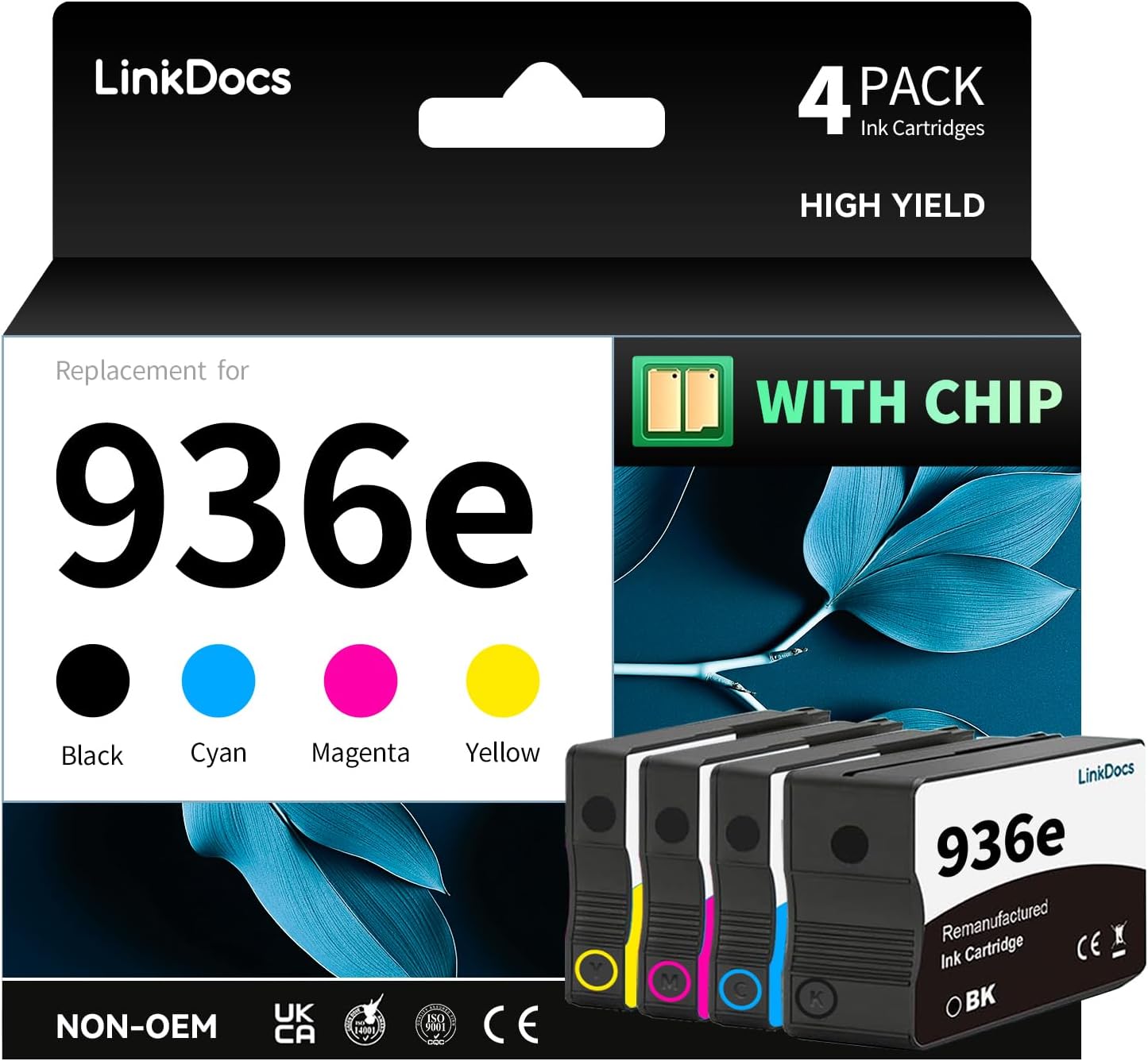 LinkDocs 936e 4-Pack Ink Cartridges Replacement for HP OfficeJet Pro 9125e, 9135e, 9730e Printers - Black, Cyan, Magenta, Yellow