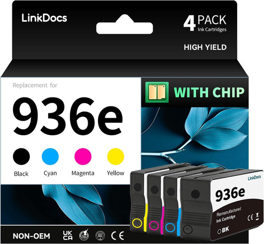 LinkDocs 936e 4-Pack Ink Cartridges Replacement for HP OfficeJet Pro 9125e, 9135e, 9730e Printers - Black, Cyan, Magenta, Yellow