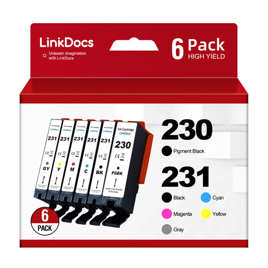 LinkDocs PGI-230 CLI-231 high yield ink cartridge 6-pack compatible with Canon PIXMA TS8820, includes PGBK black, black, cyan, magenta, yellow, and gray cartridges