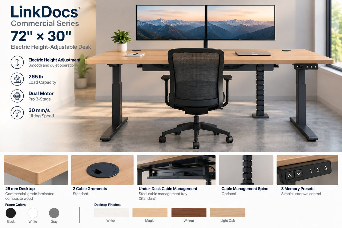 LinkDocs Commercial Height-Adjustable Desk – 72" x 30"