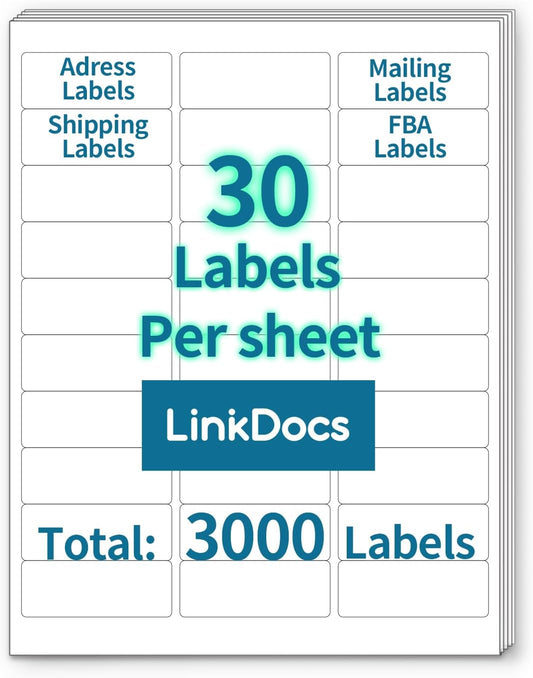 LinkDocs 30 Up Shipping Address Labels (1" x 2-5/8") for Laser and Inkjet Printers. Includes 100 sheets, totaling 3,000 labels. Ideal for address, shipping, organizing, and more. Durable and high-quality.