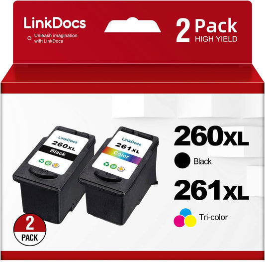 LinkDocs 260XL and 261XL High Yield Ink Cartridges Combo Pack, featuring one black and one tri-color cartridge, compatible with Canon PIXMA series printers.