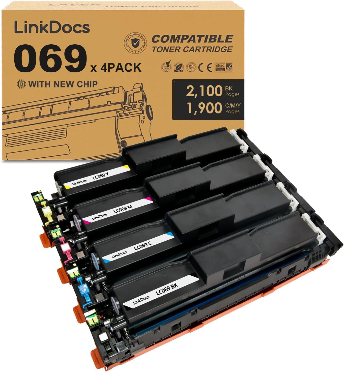 LinkDocs 069 Compatible Toner Cartridges for Canon imageCLASS MF751Cdw, MF753Cdw, LBP674Cdw - High-Quality Printing, 2,100 Pages Black, 1,900 Pages Color, 4-Pack