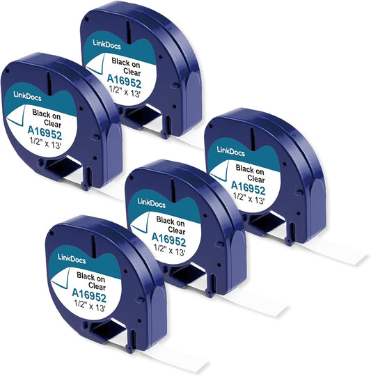 LinkDocs 5-Pack 16952 Clear Plastic Labels Tape Compatible with Dymo LetraTag 100H, 100T, QX50. Includes 5 tapes with 1/2" x 13' (12mm x 4m) dimensions in black on clear. High-quality, durable labels for professional use.