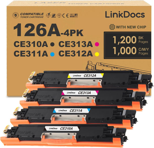 LinkDocs 126A Remanufactured Toner Cartridge (4-Pack) Replacement for HP CP1025nw, 100 Color MFP M175nw, M175a, TopShot M275 (Black, Cyan, Magenta, Yellow). High-quality printing.