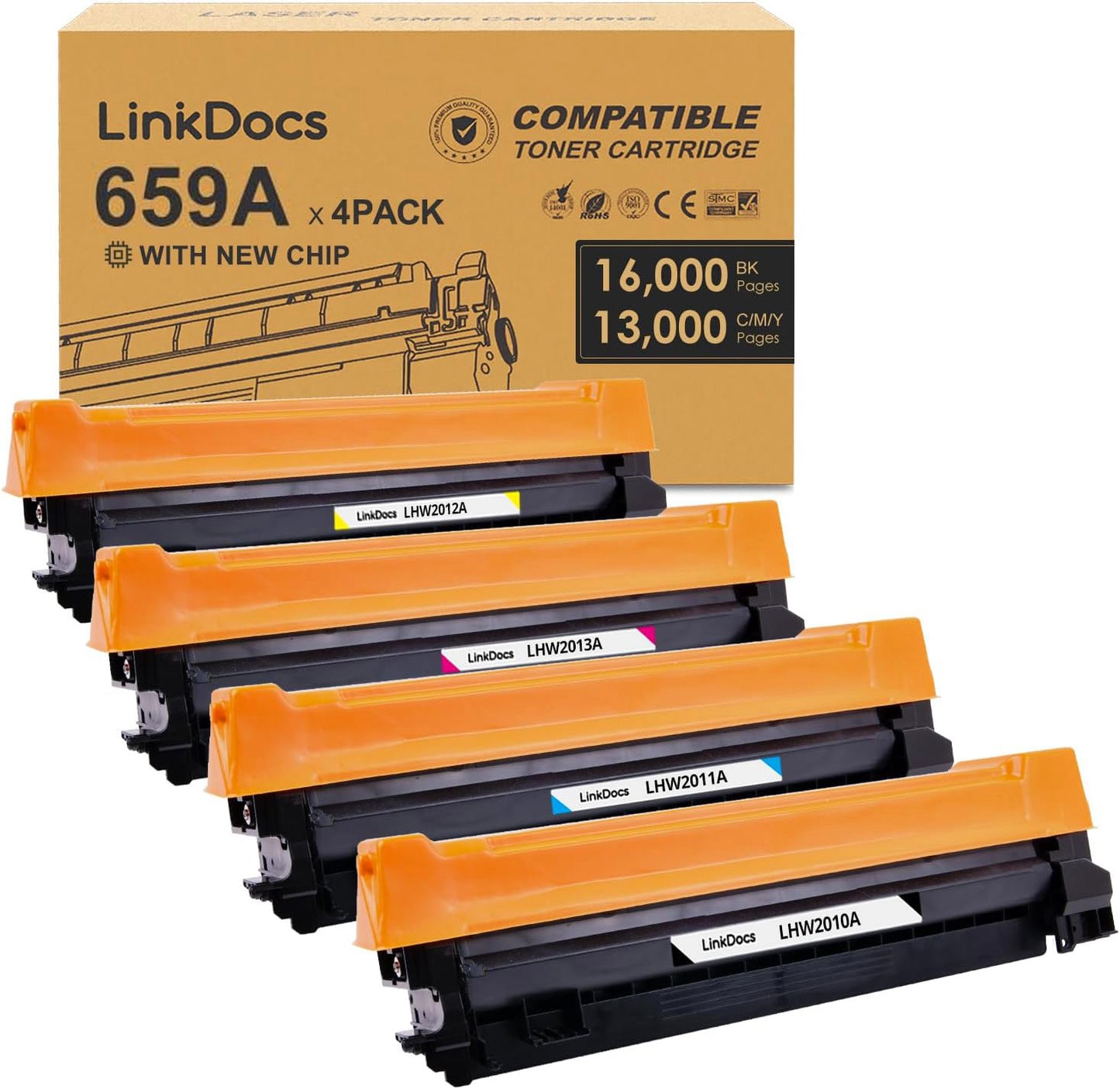 LinkDocs 659A toner cartridge 4-pack in Black, Cyan, Magenta, Yellow for HP Color LaserJet Enterprise M856, M856dn printers.