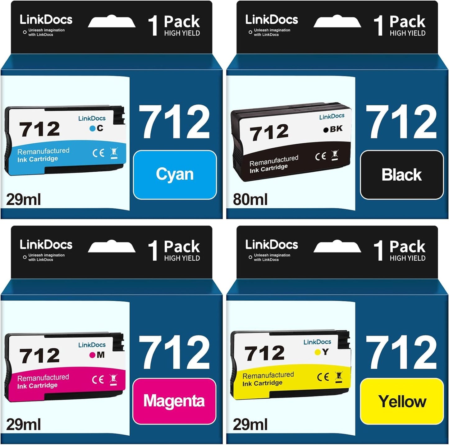 LinkDocs 712 Remanufactured Ink Cartridge (4-Pack, 80ml Black, 29ml Cyan/Magenta/Yellow) for HP DesignJet T230, T650, T630, T210, Studio Plotter Printers. High-quality, vibrant printing.