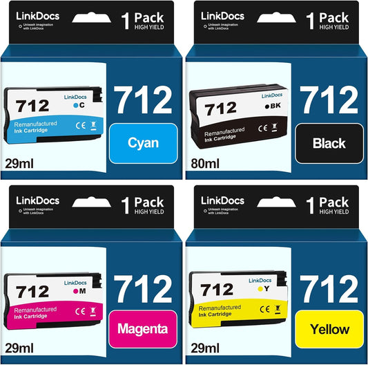 LinkDocs 712 Remanufactured Ink Cartridge (4-Pack, 80ml Black, 29ml Cyan/Magenta/Yellow) for HP DesignJet T230, T650, T630, T210, Studio Plotter Printers. High-quality, vibrant printing.