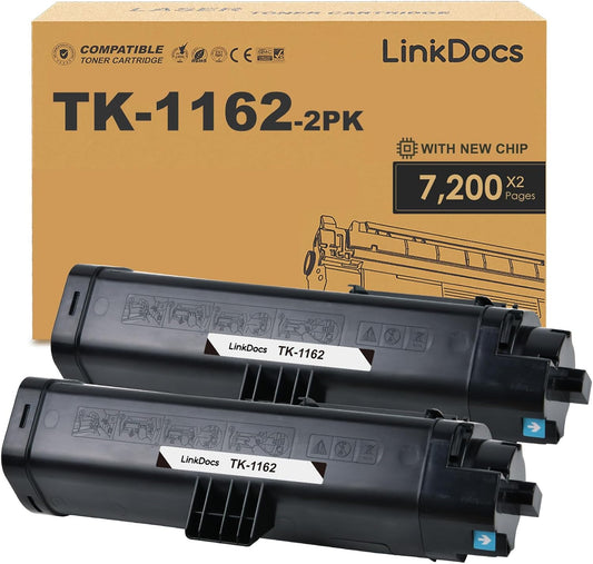 LinkDocs TK-1162 Toner Cartridge Replacement for Kyocera ECOSYS P2040dw and P2040dn. Includes 2 cartridges with 7,200 pages each. High-quality printing for professional documents.