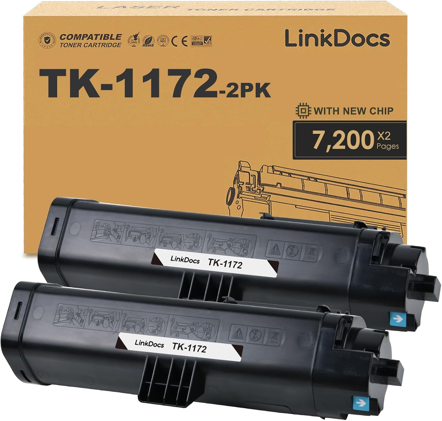 LinkDocs TK-1172 Toner Cartridge Replacement for Kyocera M2040dn, M2540d, M2540dw, M2640idw. Includes 2 cartridges with 7,200 pages each. High-quality printing for professional documents.