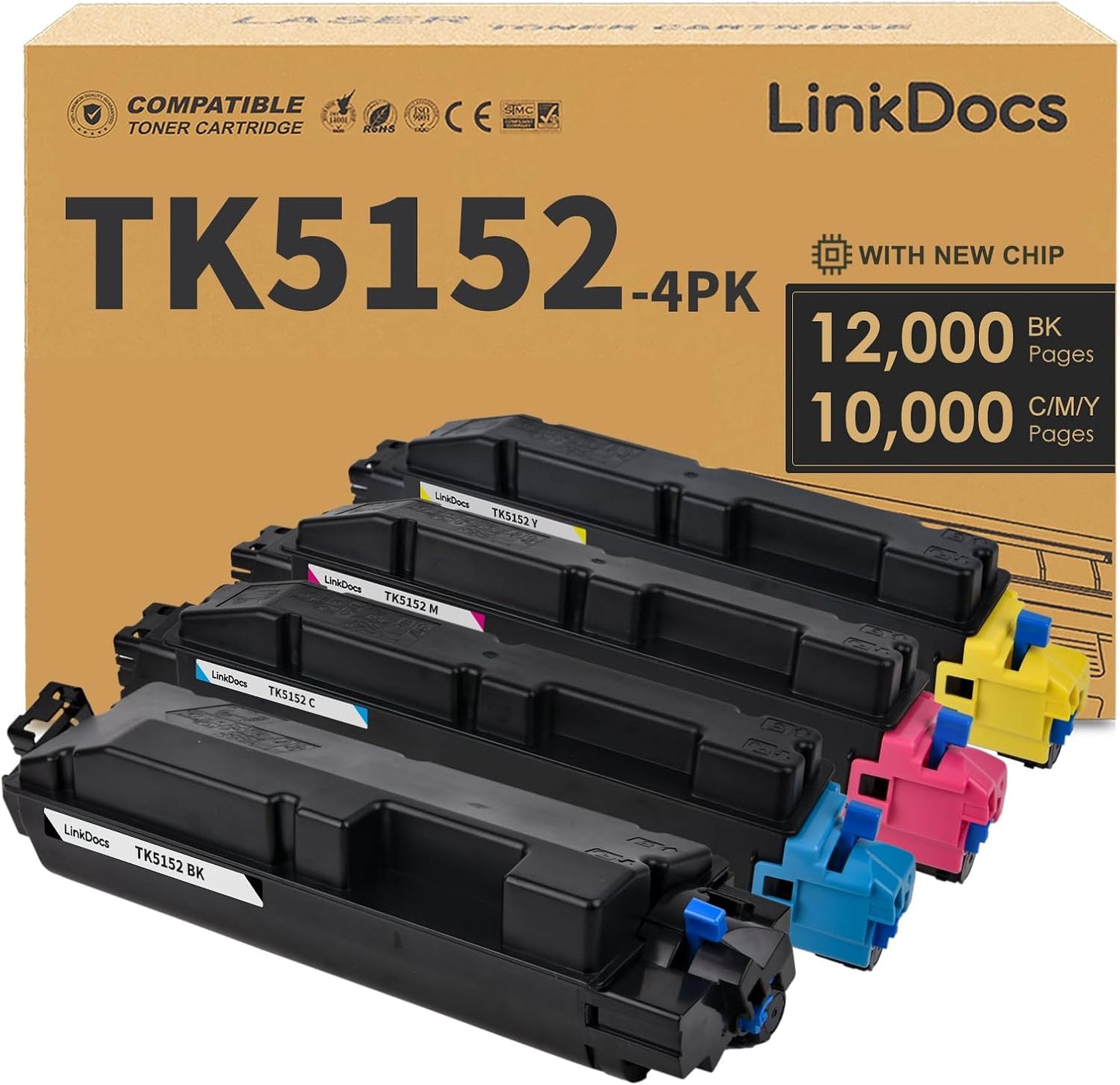 LinkDocs TK-5152 Toner Cartridge Replacement for Kyocera ECOSYS M6535cidn, M6035cidn, P6035cdn. Includes Black (12,000 pages) and Color (3x10,000 pages) cartridges. High-quality printing for professional documents.