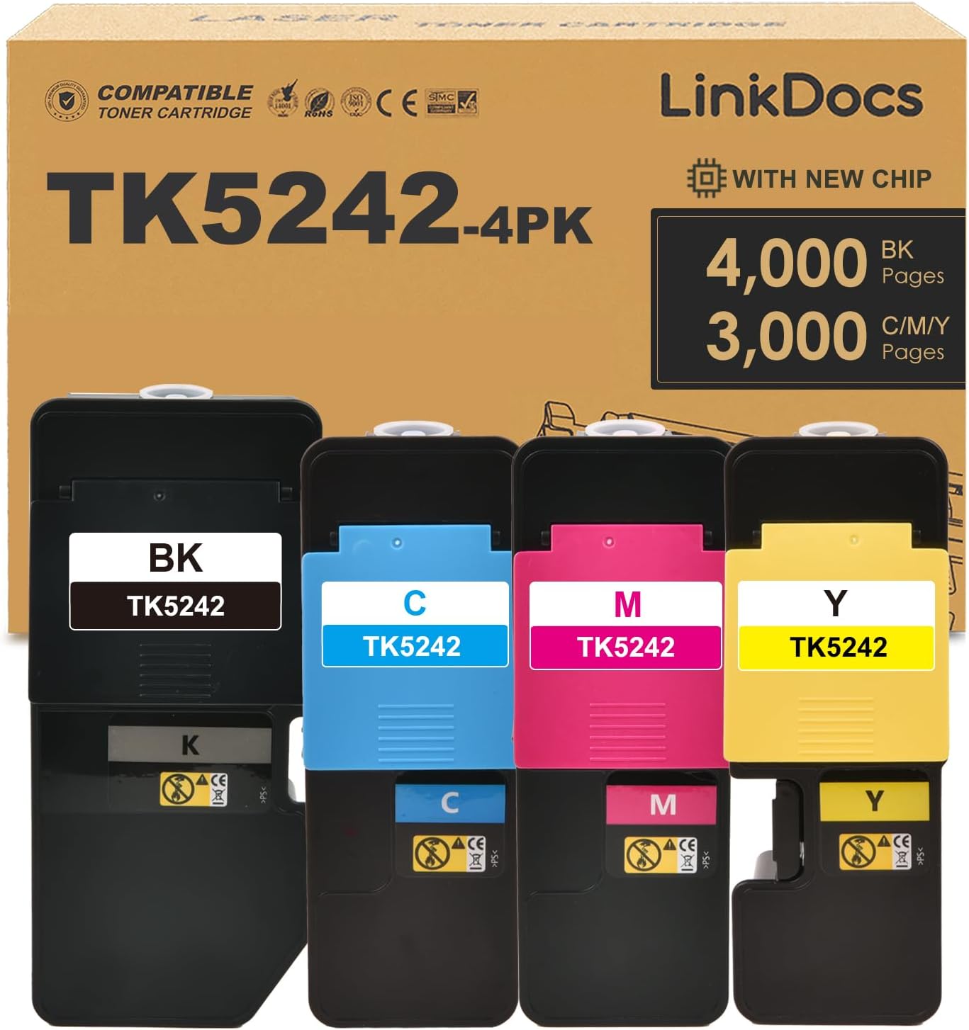 LinkDocs TK-5242 Toner Cartridge Set (4-Pack, Black/Cyan/Magenta/Yellow) for Kyocera ECOSYS M5526cdw, P5026cdw, M5526cdn, P5026cdn. Includes Black (4,000 pages) and Color (3x3,000 pages) cartridges. High-quality printing for professional documents.