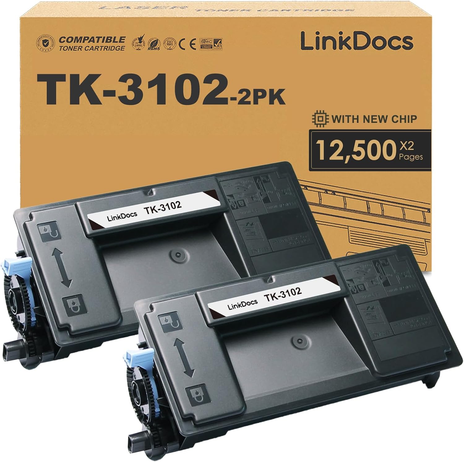 LinkDocs TK-3102 Toner Cartridge Replacement for Kyocera FS-2100DN, M3040idn, M3540idn. Includes 2 cartridges with 12,500 pages each. High-quality printing for professional documents.