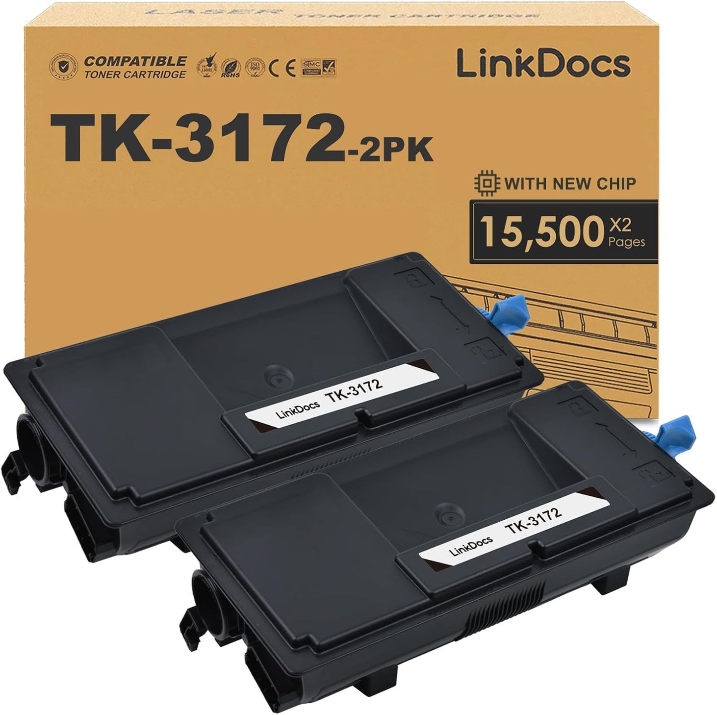 LinkDocs TK-3172 Toner Cartridge Replacement for Kyocera ECOSYS P3050dn, P3055dn, P3060dn, M3860idn, M3860idnf. Includes 2 cartridges with 15,500 pages each. High-quality printing for professional documents.