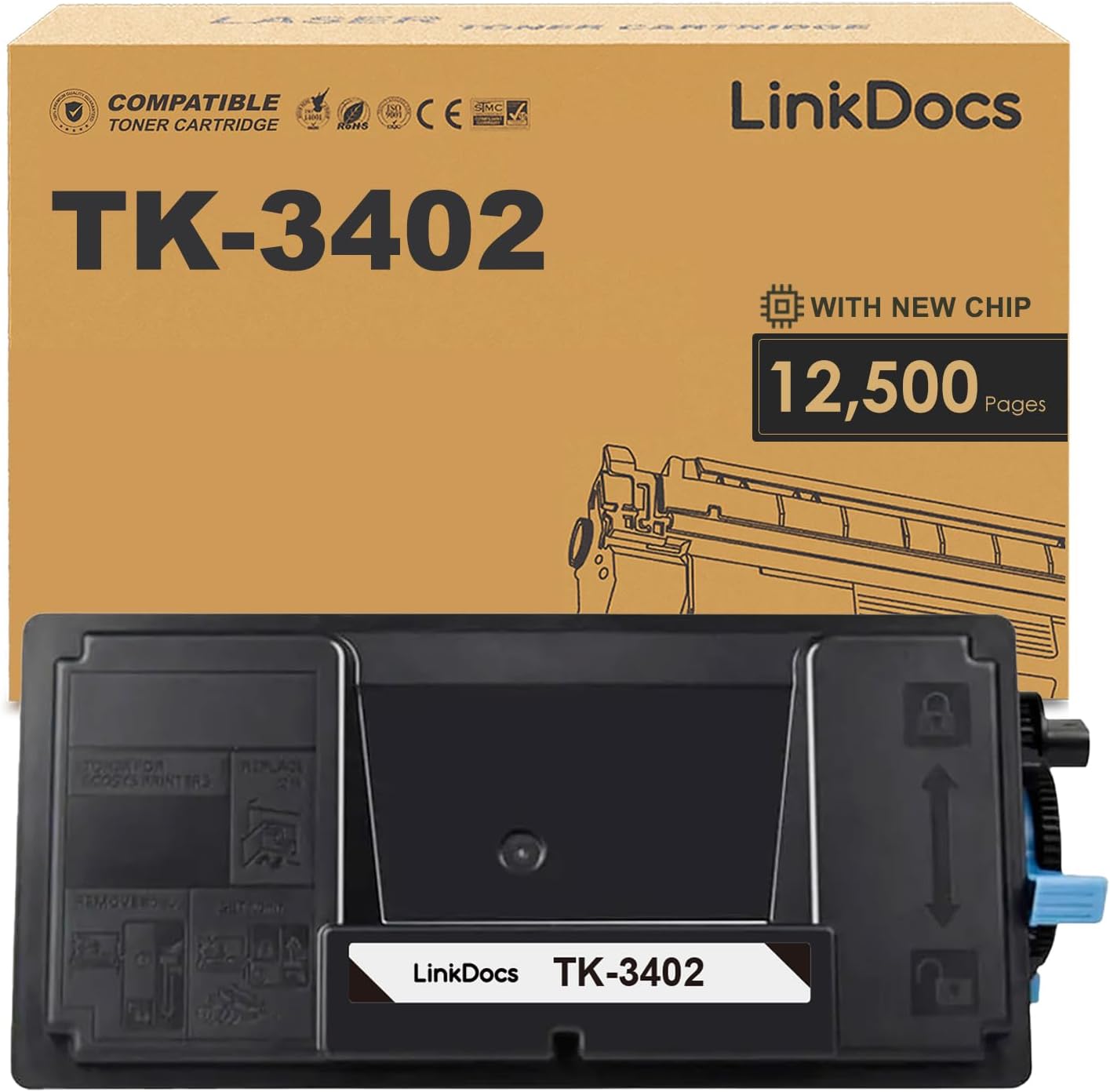 LinkDocs TK-3402 Toner Cartridge Replacement for Kyocera ECOSYS PA4500x, MA4500ix, MA4500ikx. Includes 1 cartridge with 12,500 pages. High-quality printing for professional documents.