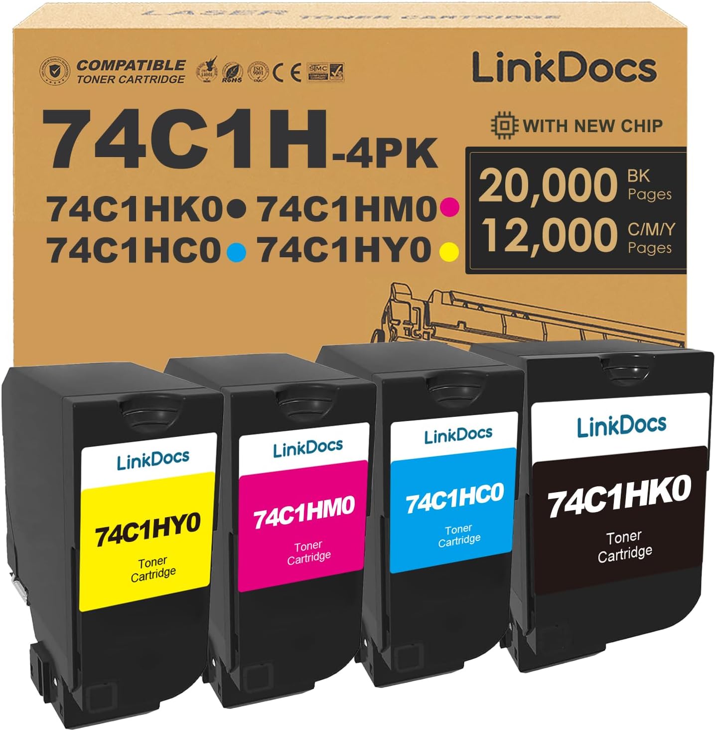 LinkDocs Compatible Toner Cartridge Replacement for Lexmark CS720de, CS720dte, CS725de, CS725dte (4 Pack, Black, Cyan, Magenta, Yellow). High-quality printing.