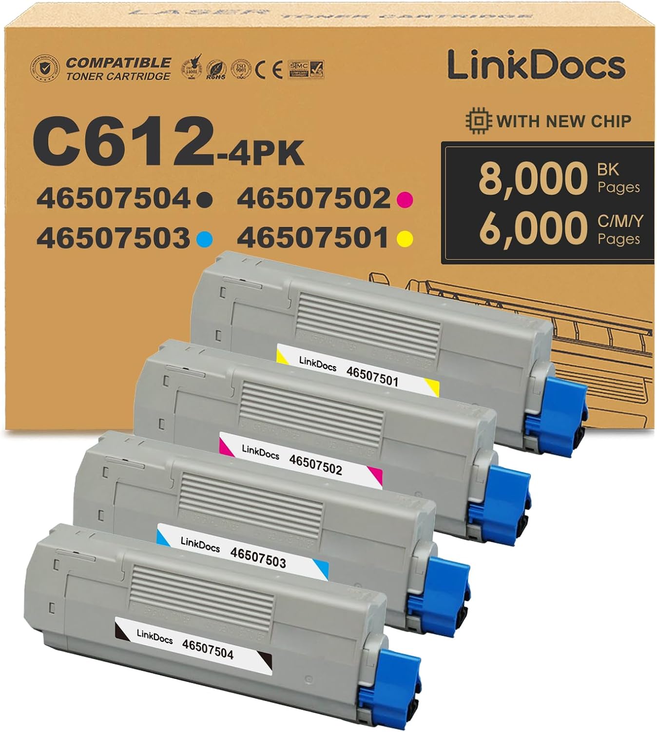 LinkDocs Compatible C612 Toner Cartridge Replacement for Okidata C612dn and C612n (4 Pack, Black, Cyan, Magenta, Yellow). High-quality printing.