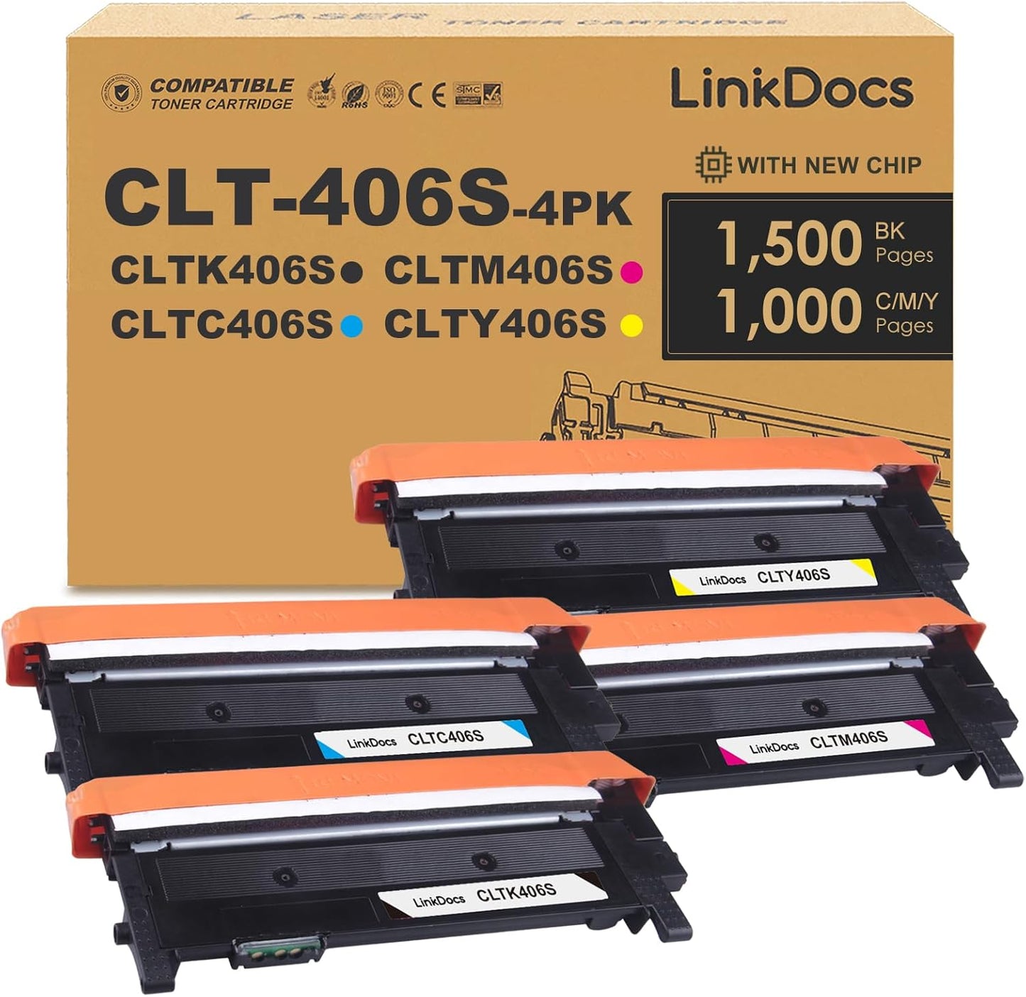 LinkDocs CLT-406S Toner Cartridge Set for Samsung Xpress C410W, C460W, C460FW (Black, Cyan, Magenta, Yellow). High-quality printing.