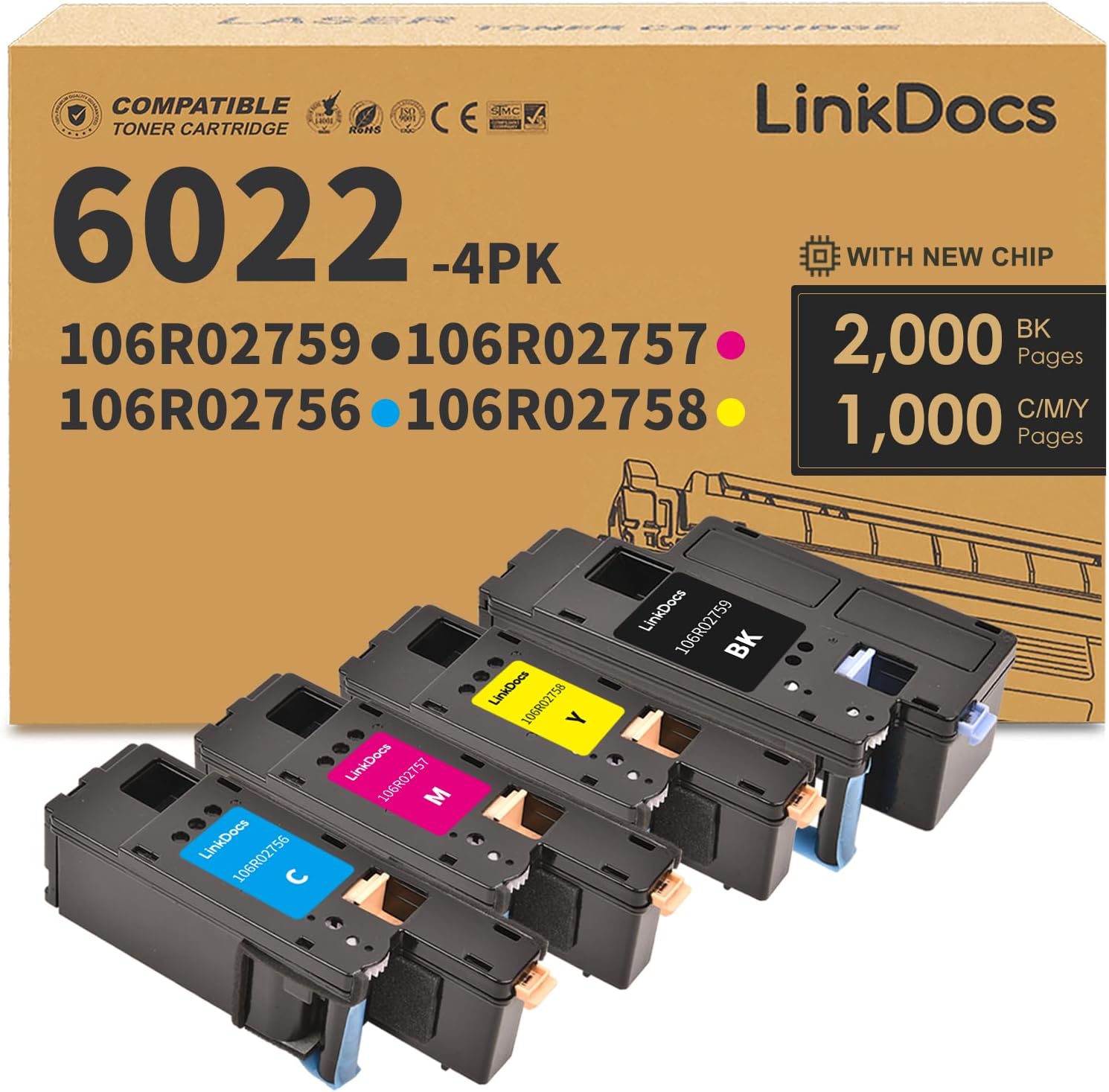 LinkDocs 6022 Toner Cartridge 4-Pack for Xerox Phaser 6022, WorkCentre 6027, 6027ni. Includes Black (2,000 pages) and Color (3x1,000 pages) cartridges. High-quality printing for professional documents.