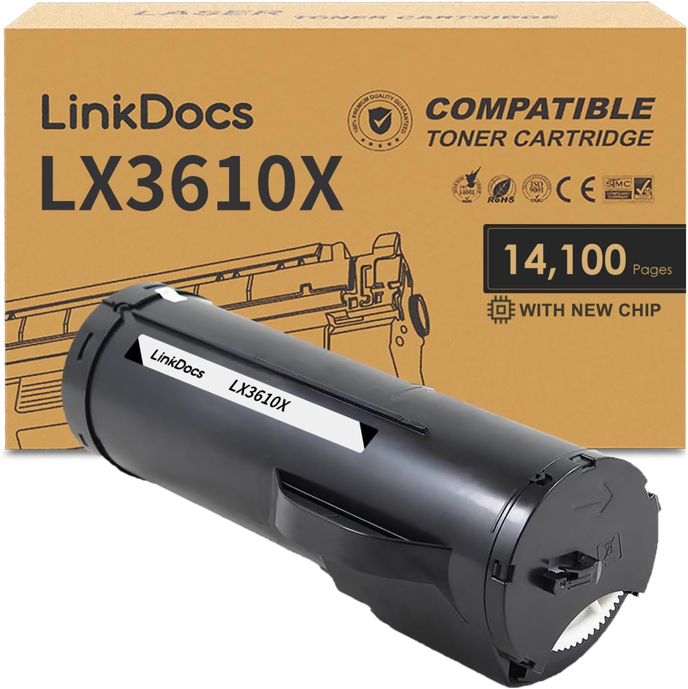 LinkDocs Phaser 3610 High Yield Toner Cartridge Replacement for Xerox Phaser 3610, 3610DN, 3610N, 3610YDN, WorkCentre 3615, 3615DN. High page yield of 14,100 pages. Professional-quality printing.