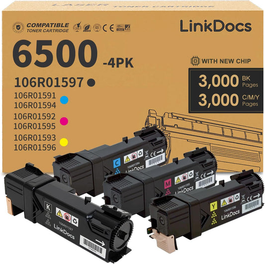 LinkDocs Phaser 6500 WorkCentre 6505 High Capacity Toner Cartridges 4-Pack for Xerox Phaser 6500/DN, 6500/N, 6500, WorkCentre 6505. Includes Black (3,000 pages) and Color (3x3,000 pages) cartridges. High-quality printing for professional documents.