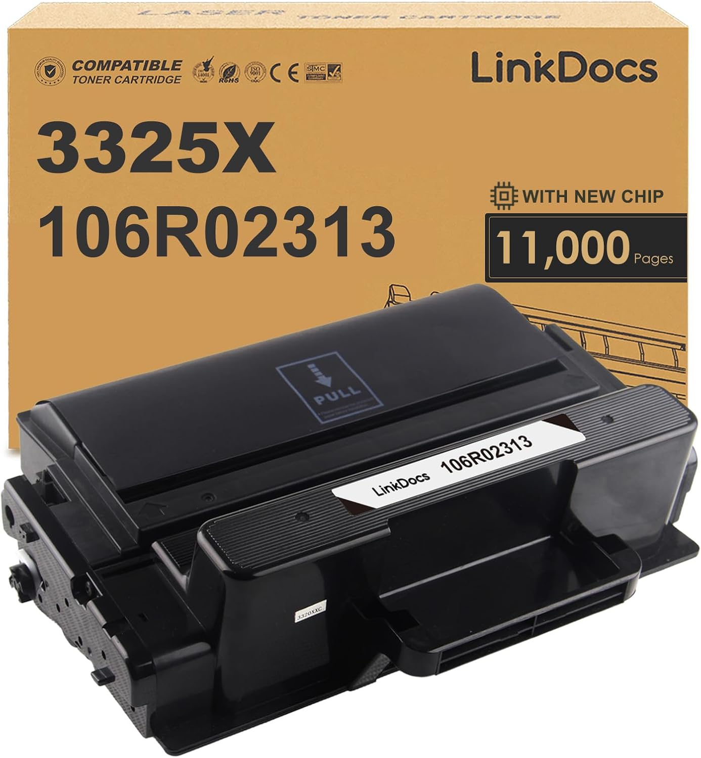 LinkDocs WorkCentre 3325 High Yield Toner Cartridge Replacement for Xerox WorkCentre 3325dni. High page yield of 11,000 pages. Professional-quality printing.