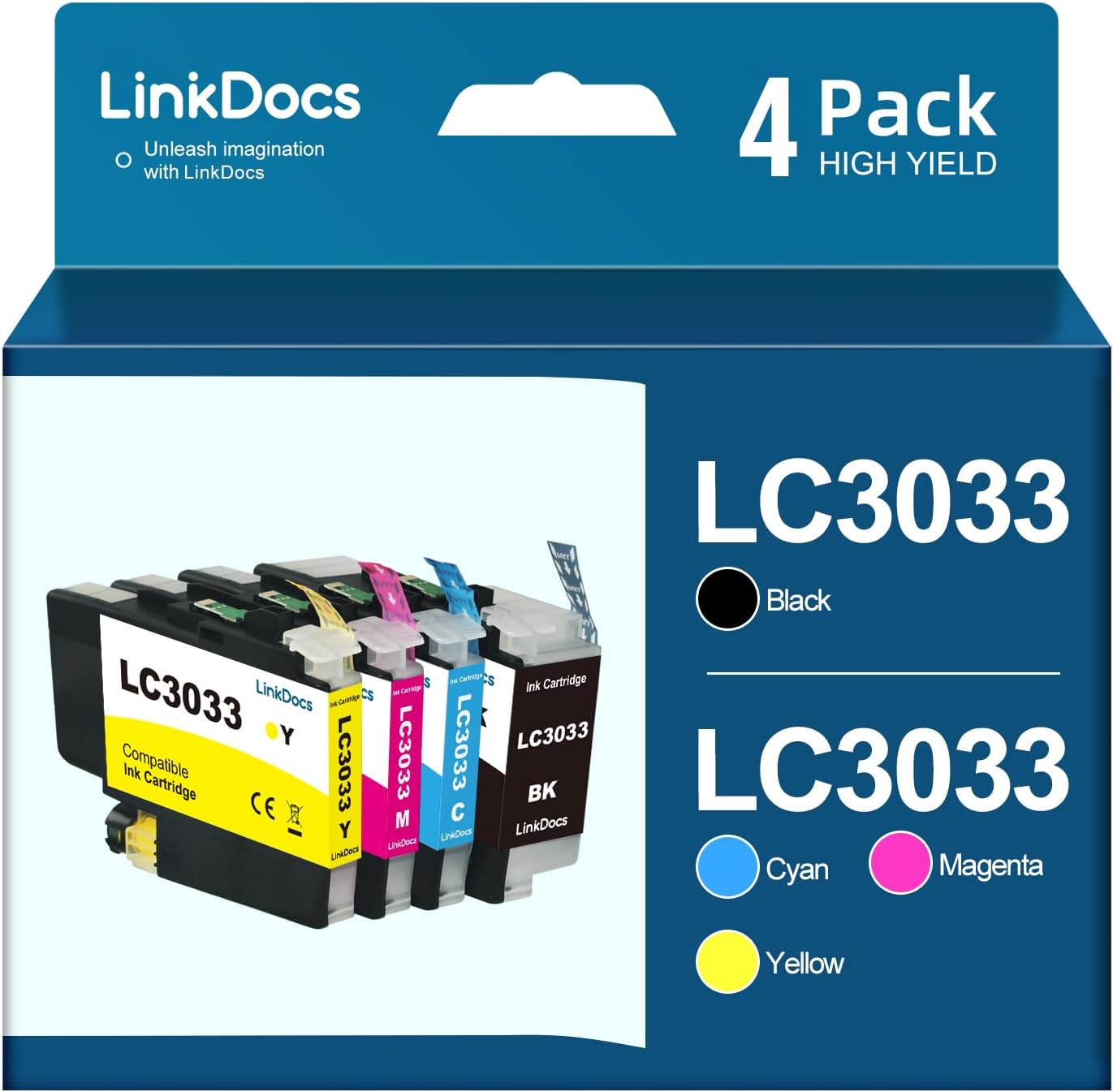 LinkDocs LC3033 XXL High Yield Ink Cartridges 4-Pack - Black, Cyan, Magenta, Yellow, compatible with Brother MFC printers, for vibrant and long-lasting prints.