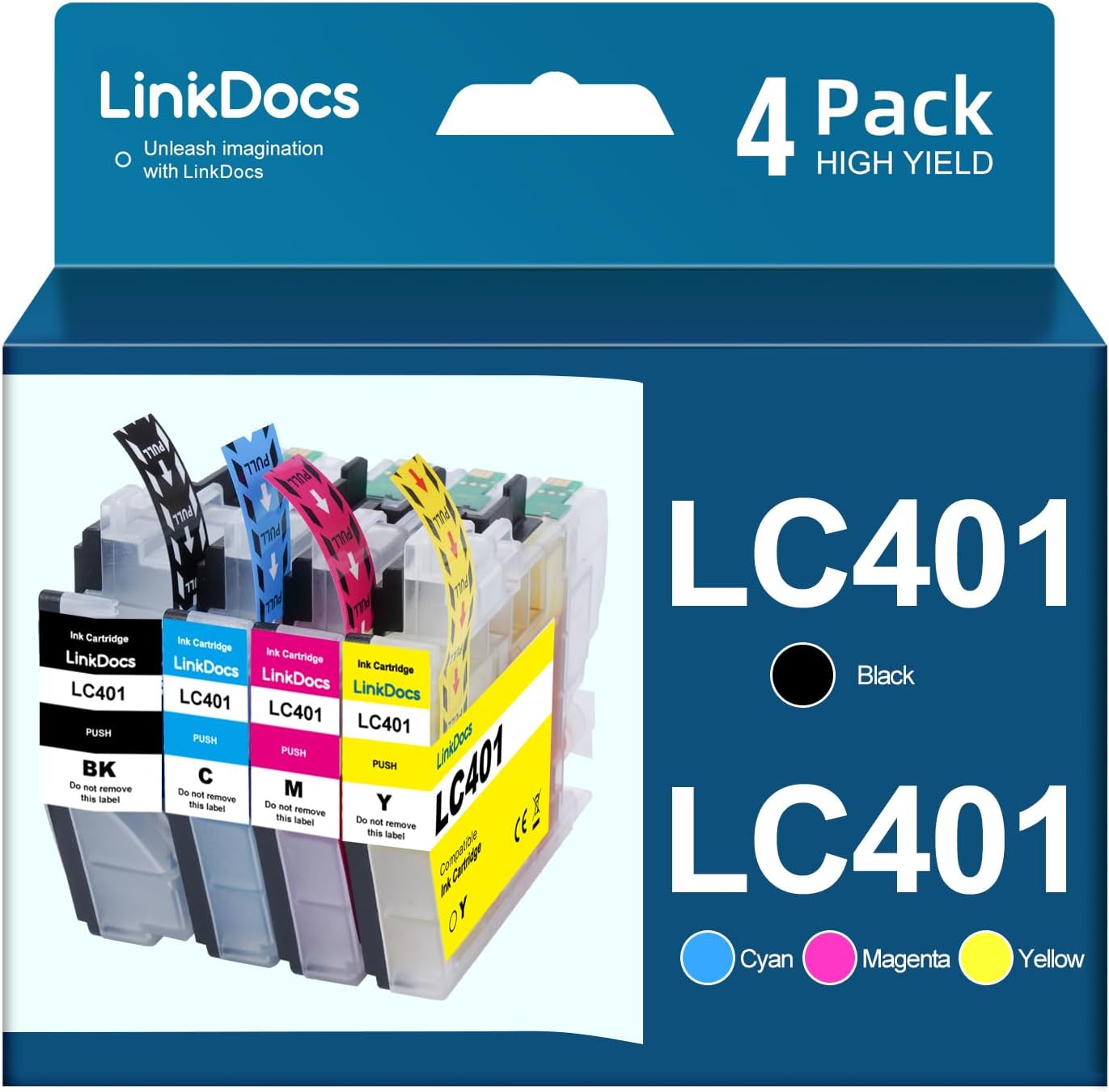 LinkDocs LC401 Ink Cartridges for Brother - Pack of 4 in Black, Cyan, Magenta, Yellow, showing compatibility with Brother MFC-J1010DW, MFC-J1170DW, MFC-J1012DW printers.