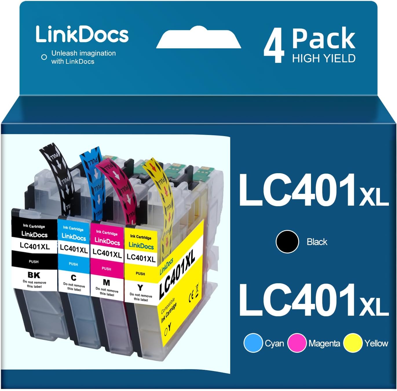 LinkDocs LC401XL Ink Cartridges compatible with Brother Printers - 4-pack in Black, Cyan, Magenta, Yellow, highlighting compatibility with MFC-J1010DW, MFC-J1170DW, and MFC-J1012DW models.