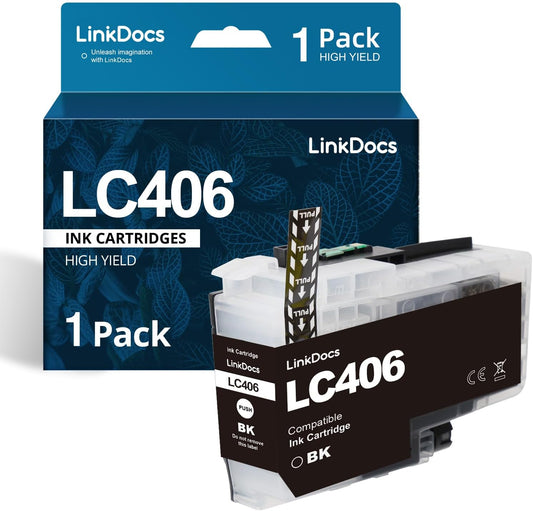 LinkDocs LC406 Black Compatible Ink Cartridge, displayed with its packaging, highlighting its compatibility with Brother printers and emphasizing its high page yield and superior printing quality.