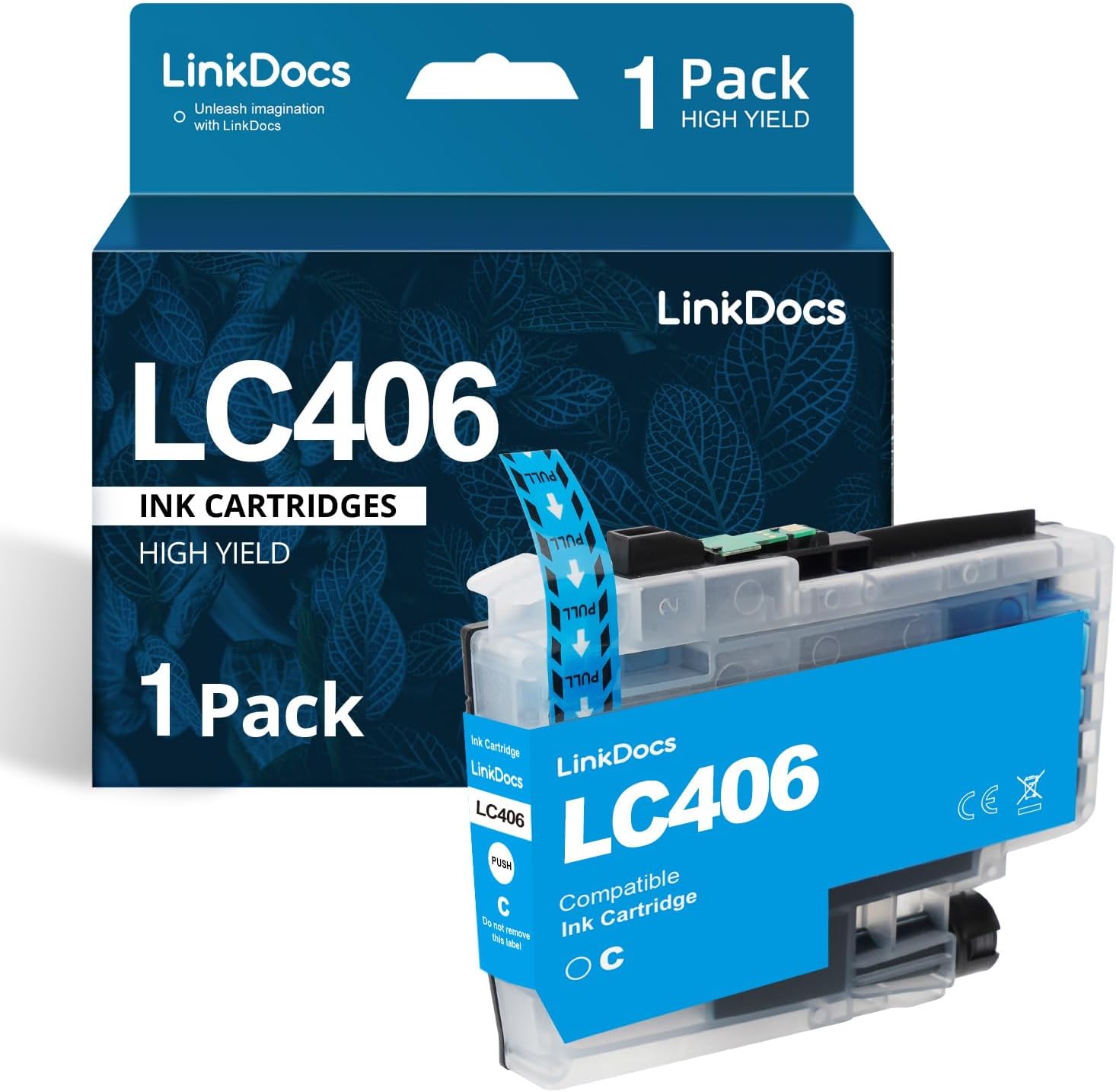 LinkDocs LC406 Cyan Compatible Ink Cartridge, showcased with its packaging, emphasizing compatibility with Brother printers and highlighting its 1500-page yield and exceptional print quality in cyan.