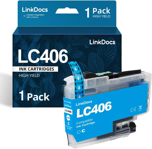 LinkDocs LC406 Cyan Compatible Ink Cartridge, showcased with its packaging, emphasizing compatibility with Brother printers and highlighting its 1500-page yield and exceptional print quality in cyan.