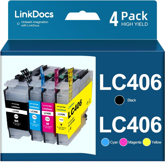 LinkDocs Brother LC406 Compatible Ink Cartridges in Black, Cyan, Magenta, and Yellow, showcasing their compatibility with specific Brother printer models and emphasizing high page yield and quality performance.