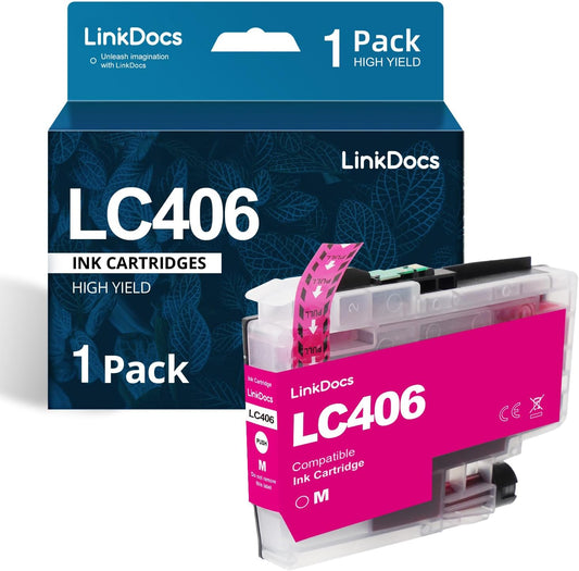 LinkDocs LC406M Magenta Compatible Ink Cartridge, highlighting its compatibility with Brother printers, with a focus on its vibrant magenta ink color and 1500-page yield feature.