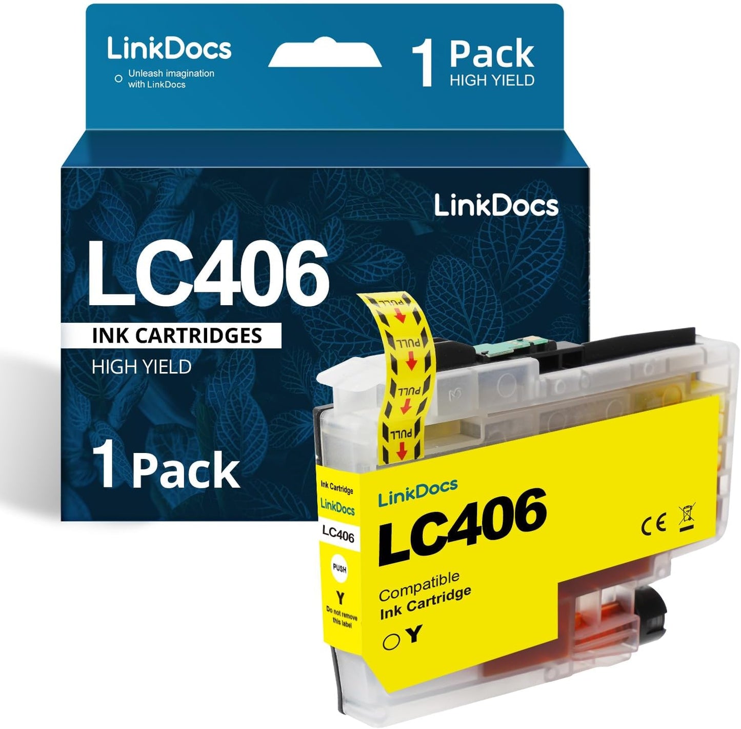 LinkDocs LC406Y Yellow Compatible Ink Cartridge, prominently displayed, emphasizing its compatibility with a range of Brother printers and highlighting its capacity for 1500 pages of bright, high-quality yellow prints.