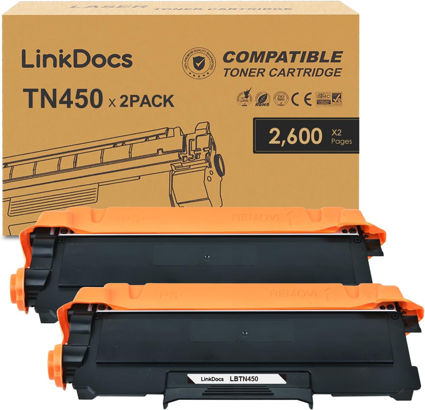 Two-pack of LinkDocs TN450 TN420 Black Toner Cartridges, designed for high efficiency and compatibility with Brother DCP and MFC series printers.