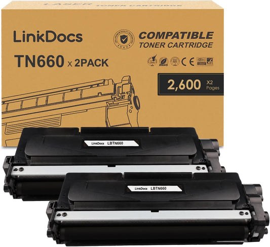 Two-pack of LinkDocs TN660 High Yield Black Toner Cartridges, designed for compatibility with Brother DCP, HL, and MFC series printers for sharp and high-quality printing.