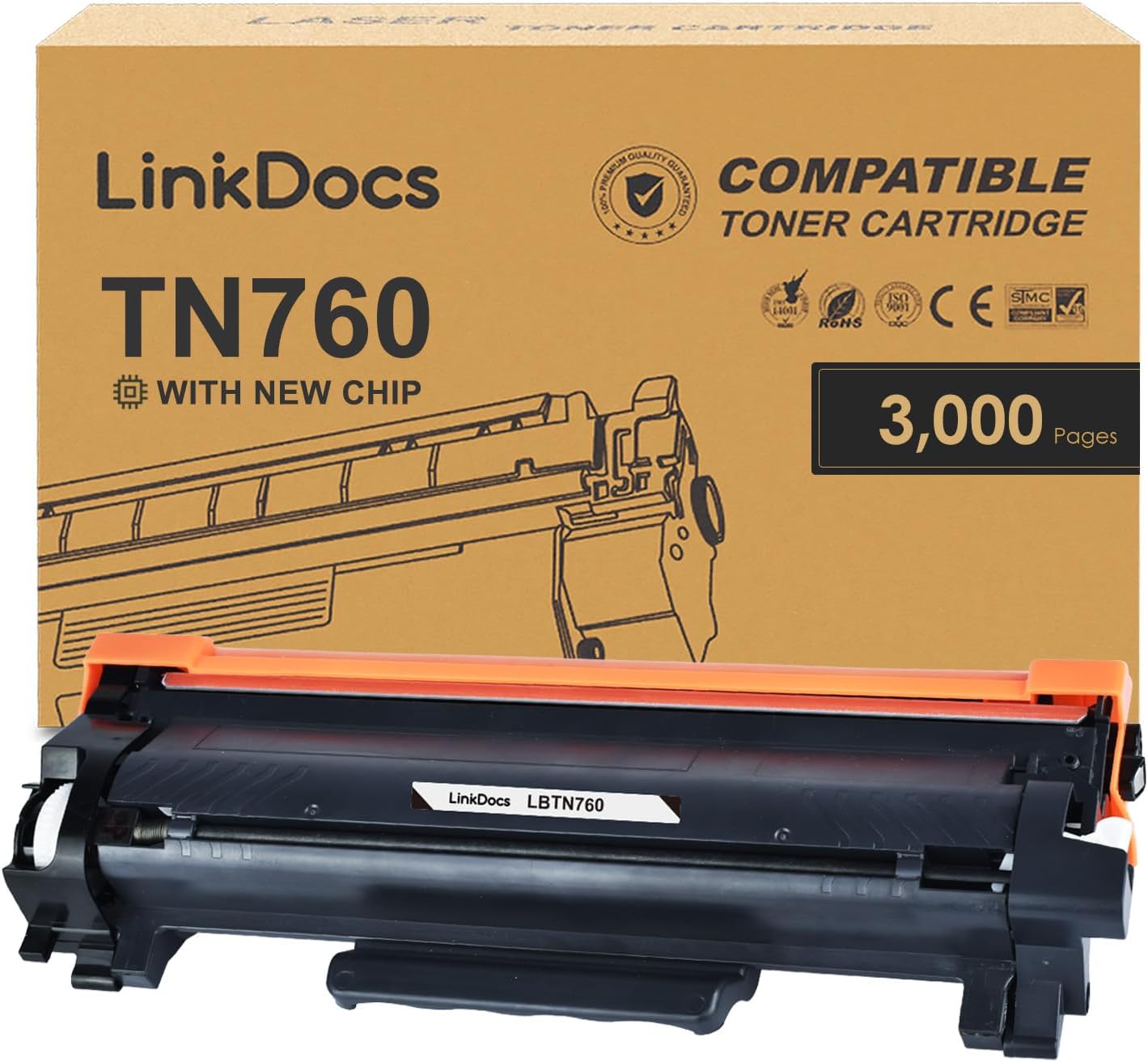 LinkDocs TN760 High Yield Toner Cartridge, compatible with various Brother printers including HL-L2350DW and MFC-L2750DW, ensuring crisp text and high-quality images.