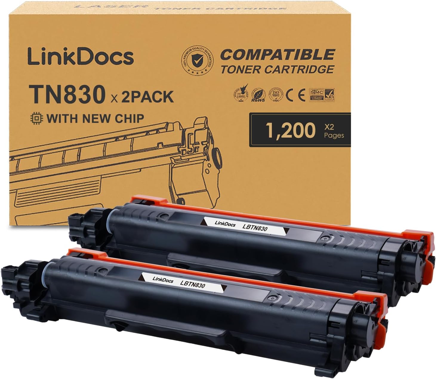 Brother TN830 Compatible Toner Cartridge 2-Pack for DCP-L2640DW, HL-L2480DW, MFC-L2807DW printers, ensuring high page yield and premium print quality.