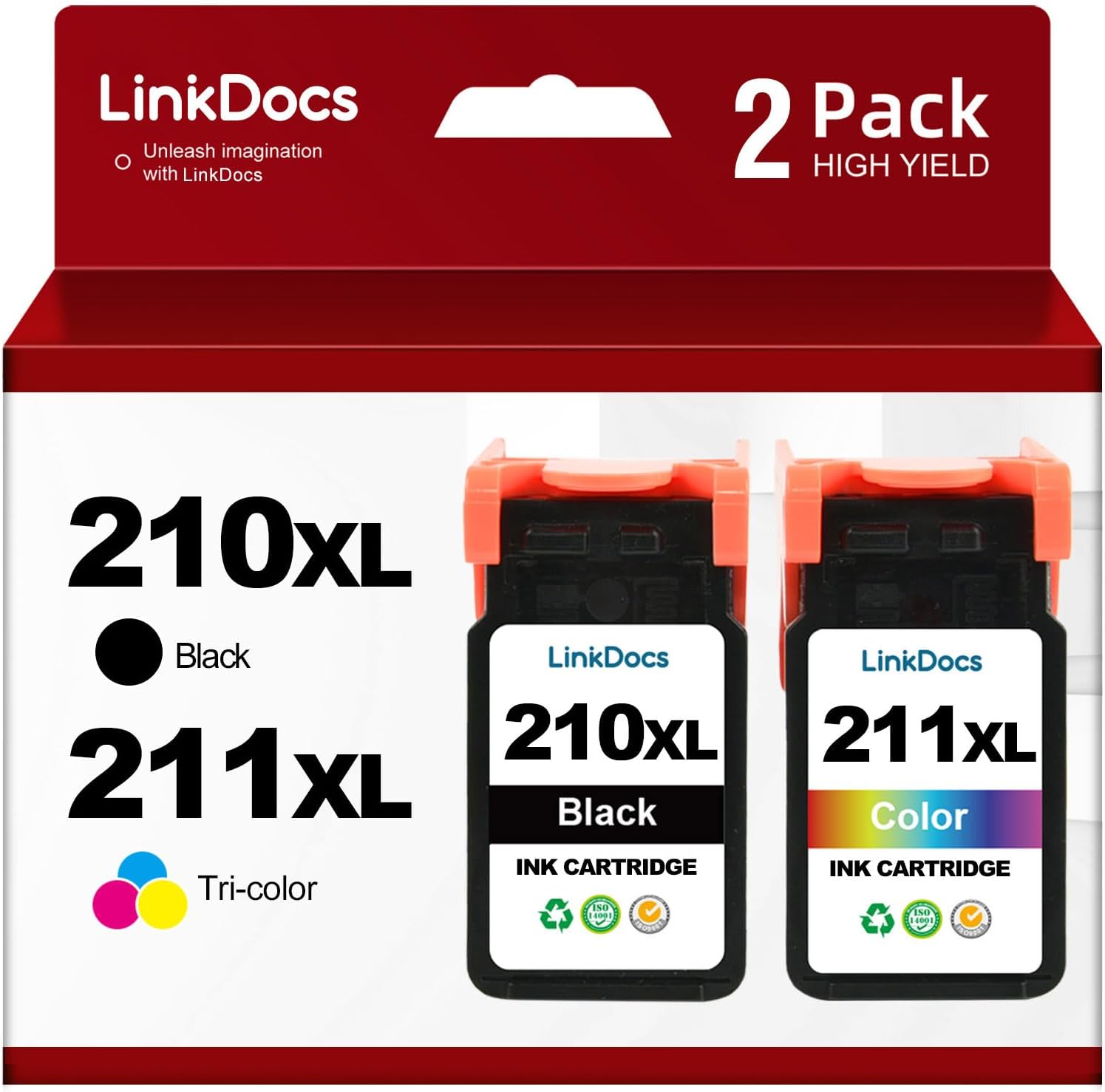 LinkDocs 210XL and 211XL Ink Cartridges, featuring one black and one tri-color cartridge, designed for enhanced compatibility with Canon PIXMA printers.