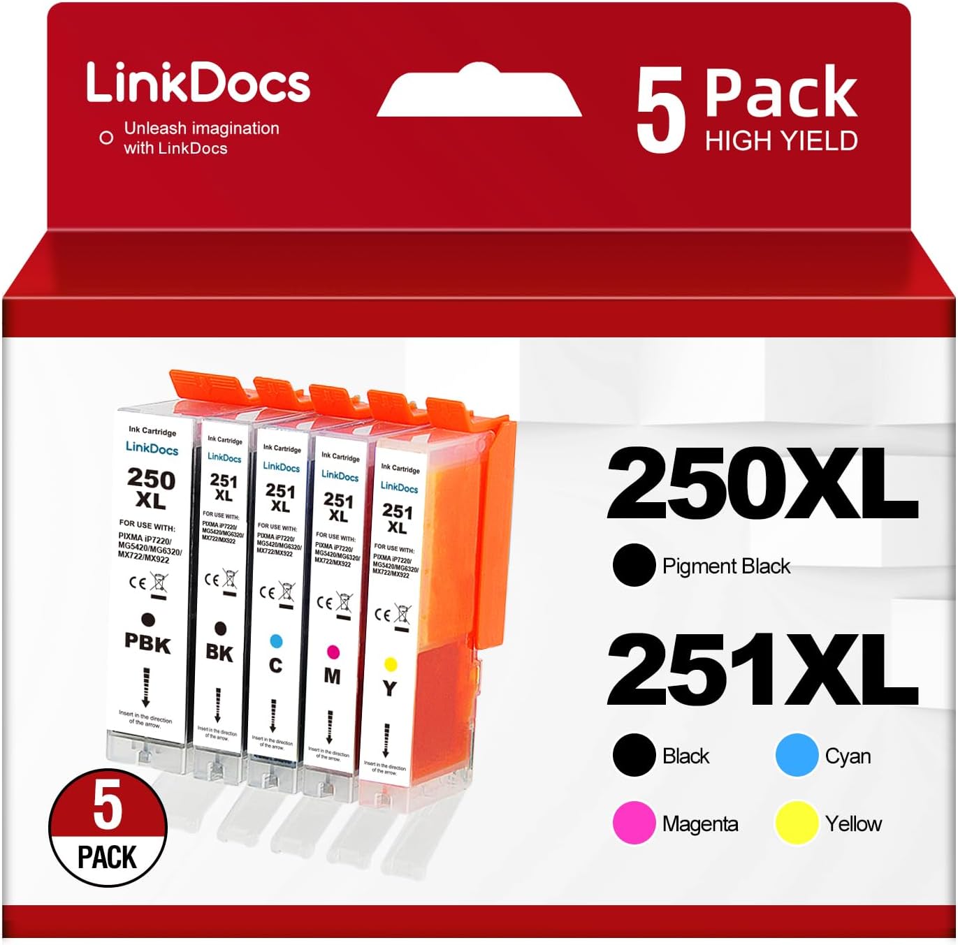 Five-pack of LinkDocs 250XL 251XL Ink Cartridges, including large black, small black, cyan, magenta, and yellow, compatible with various Canon PIXMA printers.