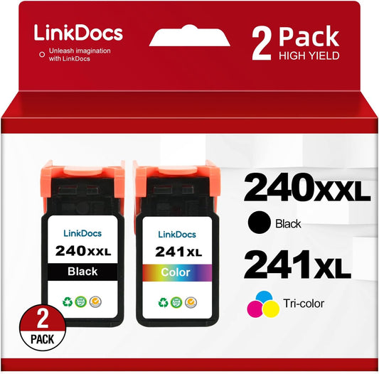 LinkDocs Remanufactured 240XXL 241XL Ink Cartridges for Canon - Black and Tri-Color Pack, showcasing compatibility with PIXMA printers.