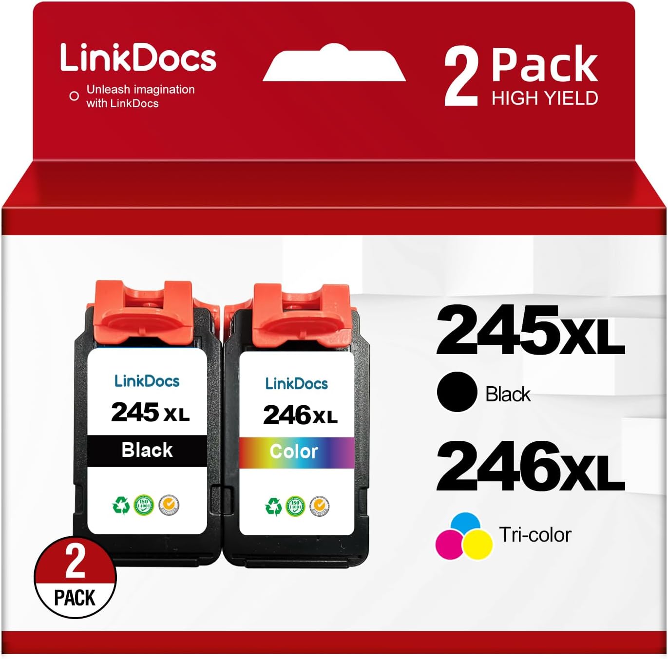 LinkDocs 245XL 246XL Remanufactured Ink Cartridges Combo Pack - Black and Tri-Color, compatible with Canon PIXMA printers.