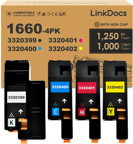 LinkDocs Compatible 1660W Toner Cartridge Replacement (4-Pack, Black, Cyan, Magenta, Yellow) for Dell C1660W Laser Printers. High-quality printing.