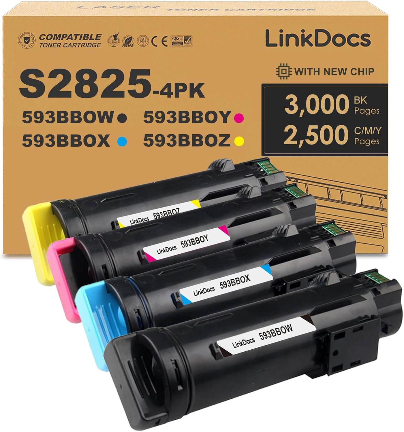 LinkDocs Compatible Toner Cartridge Replacement for Dell H625cdw, H825cdw, S2825cdn (4 Pack, Black, Cyan, Magenta, Yellow). High-quality printing.