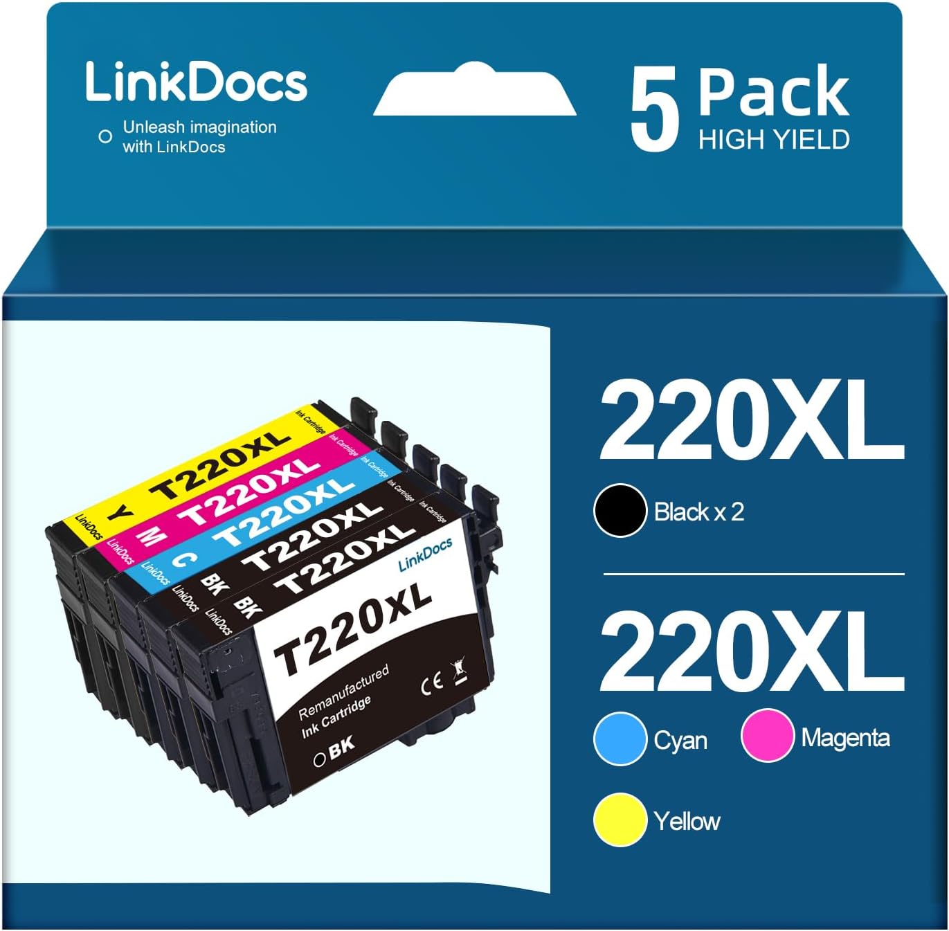 LinkDocs Remanufactured Epson 220XL Ink Cartridge 5-Pack for Epson, with 2 Black, 1 Cyan, 1 Magenta, 1 Yellow cartridges.