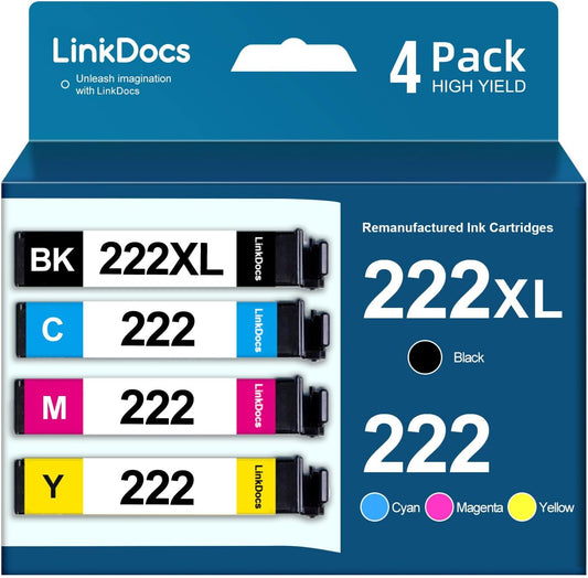 LinkDocs 222XL Remanufactured Ink Cartridge Combo Pack for Epson, featuring 1 Black, 1 Cyan, 1 Magenta, 1 Yellow.