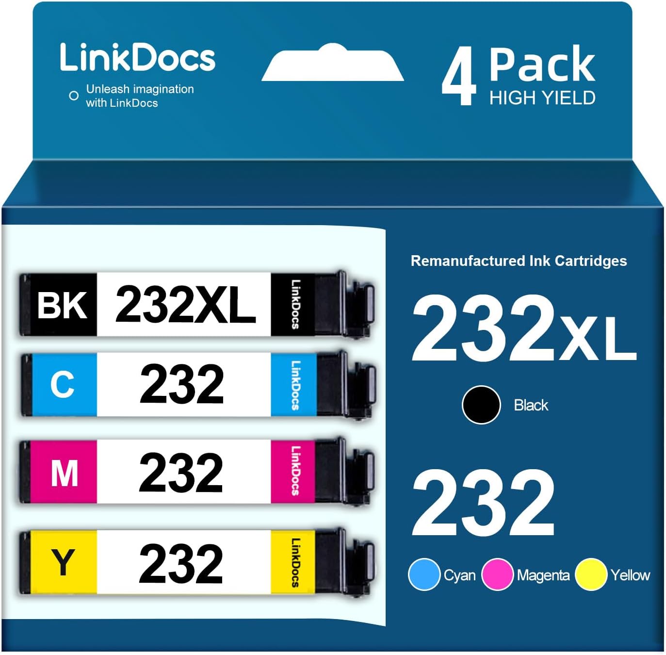 LinkDocs 232XL Remanufactured Ink Cartridge Combo Pack for Epson, featuring Black, Cyan, Magenta, Yellow cartridges.