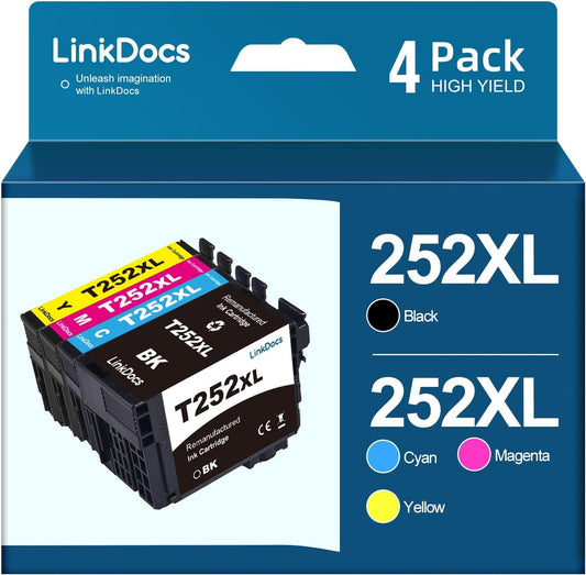 LinkDocs 252XL Remanufactured Ink Cartridges for Epson WorkForce, including Black, Cyan, Magenta, Yellow.