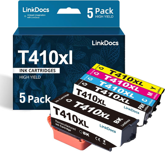 A set of five LinkDocs T410xl Remanufactured Ink Cartridges, compatible with Epson 410 ink series, displayed with distinct colors including black, cyan, magenta, yellow, and photo black, highlighting their compatibility with Epson Expression printers.